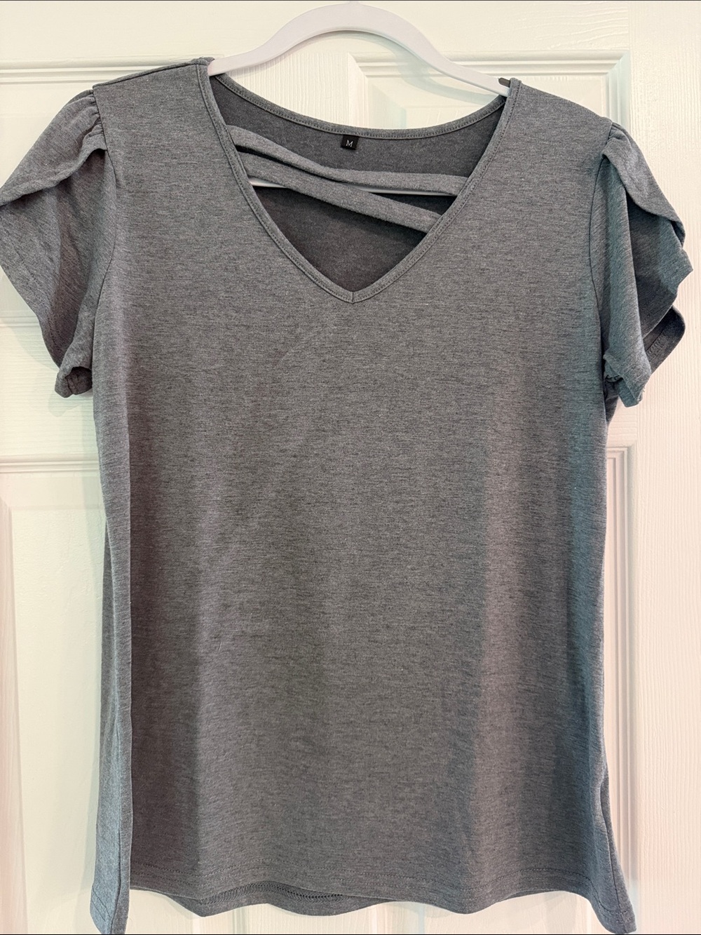 Women's Gray V-Neck Short Sleeve Top with Crisscross Detail